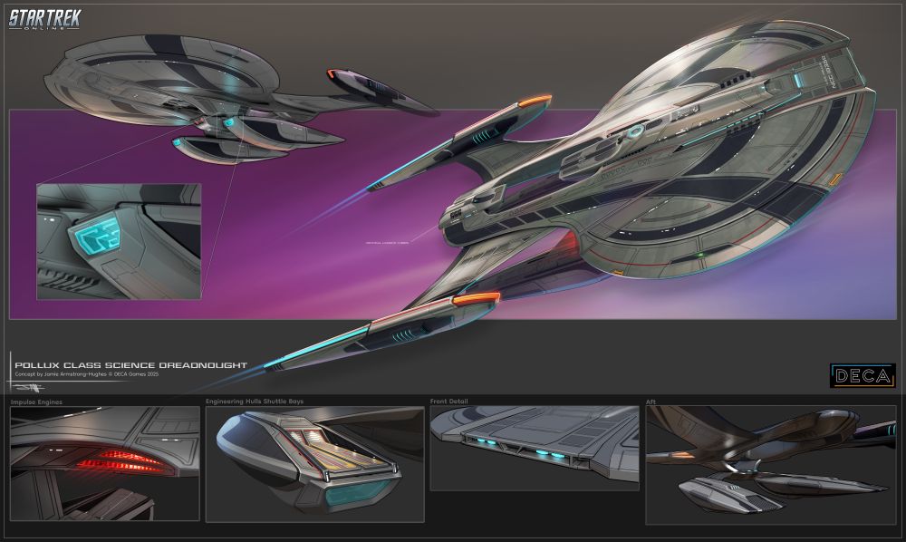 Several angles of a futuristic Federation starship with a unique twin-hull arrangement.
