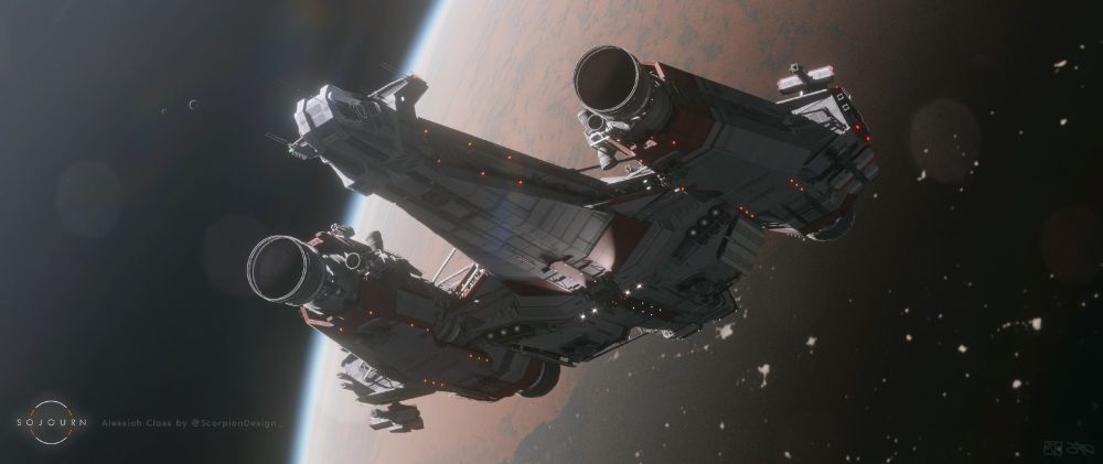 Photorealistic render of the Allesiah class - an angular, trident-shaped spacecraft with3D  many visible greebles, thruster cones and realistic-styled weaponry