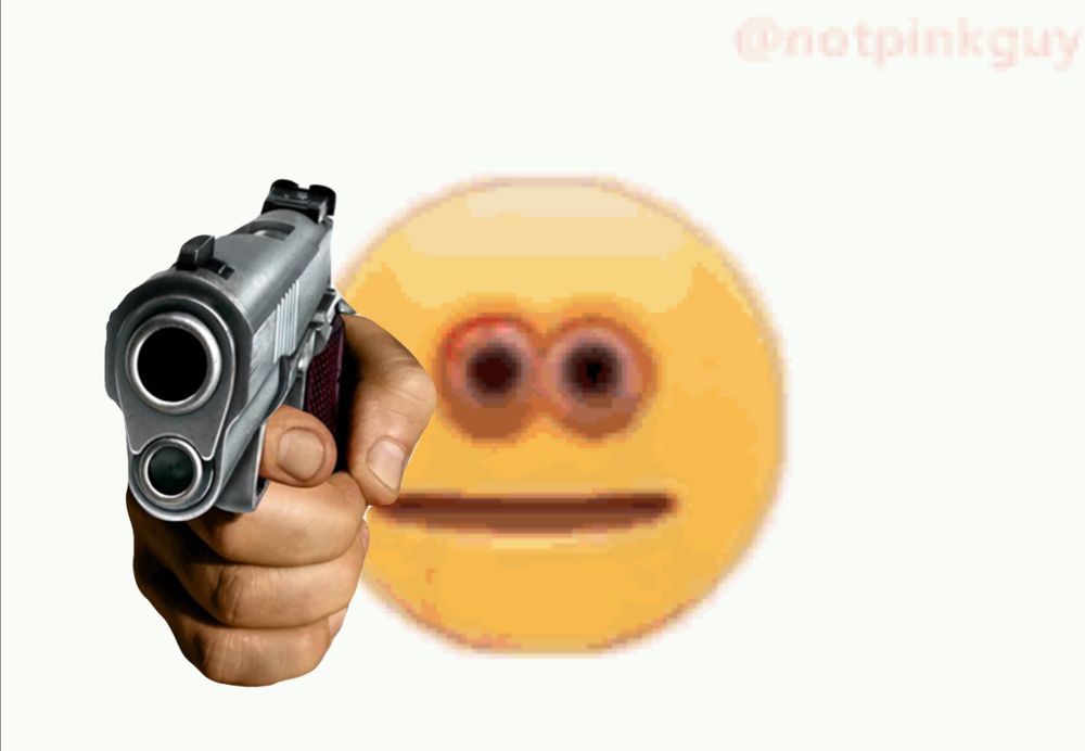 low quality emoji with photoreal gun pointing at viewer