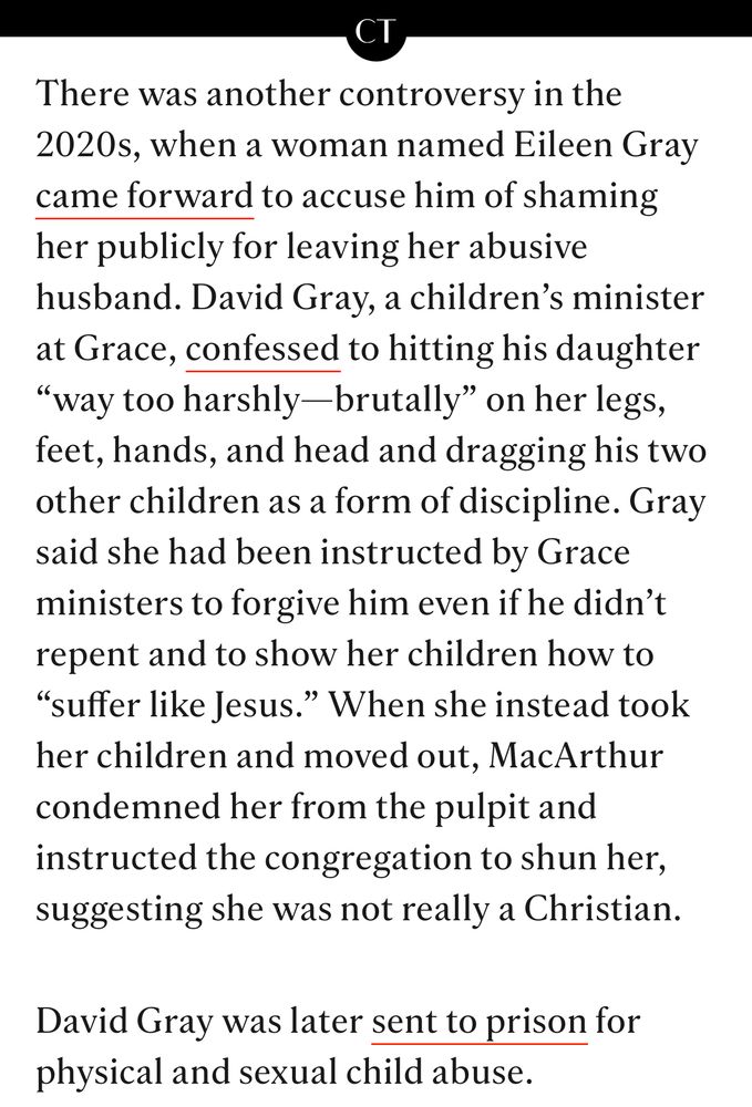Rather than defending an abused woman and her children, John MacArthur and church leadership sided with her husband, who was on staff. MacArthur publicly shamed her from his pulpit after she left the church. The abusive husband later went to prison for physical and sexual child abuse.