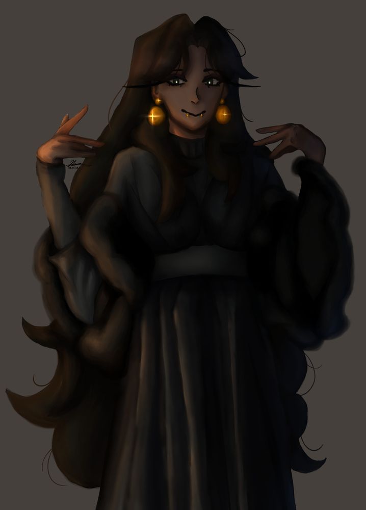 This character was created by my friend Nevanthi (as she is known online) !
The character herself is also called Nevanthi :>

I was sent a picture of Neva (the artist) wearing a really cool dress in the pose featured in this artwork. I thought to myself, wouldn't it be cool to draw the character based off the artist in that pose. So I did !