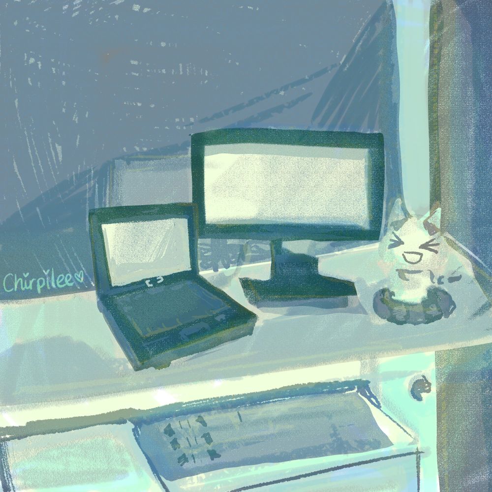 background study of a desk setup with laptop and keyboard and display.