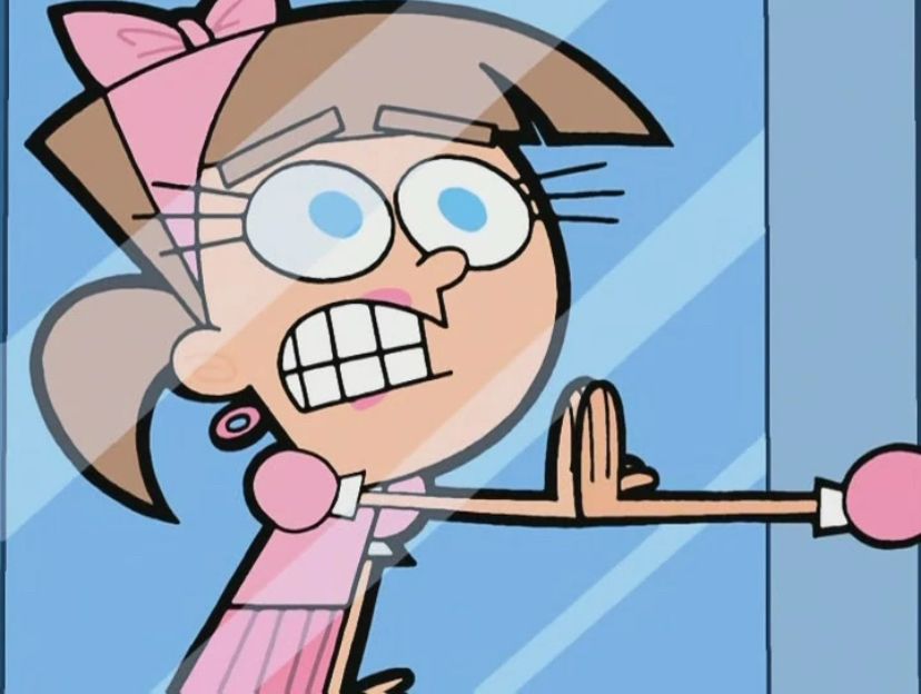 Timmy Turner from Fairly Odd Parents reacting to himself in the mirror after being turned into a girl
