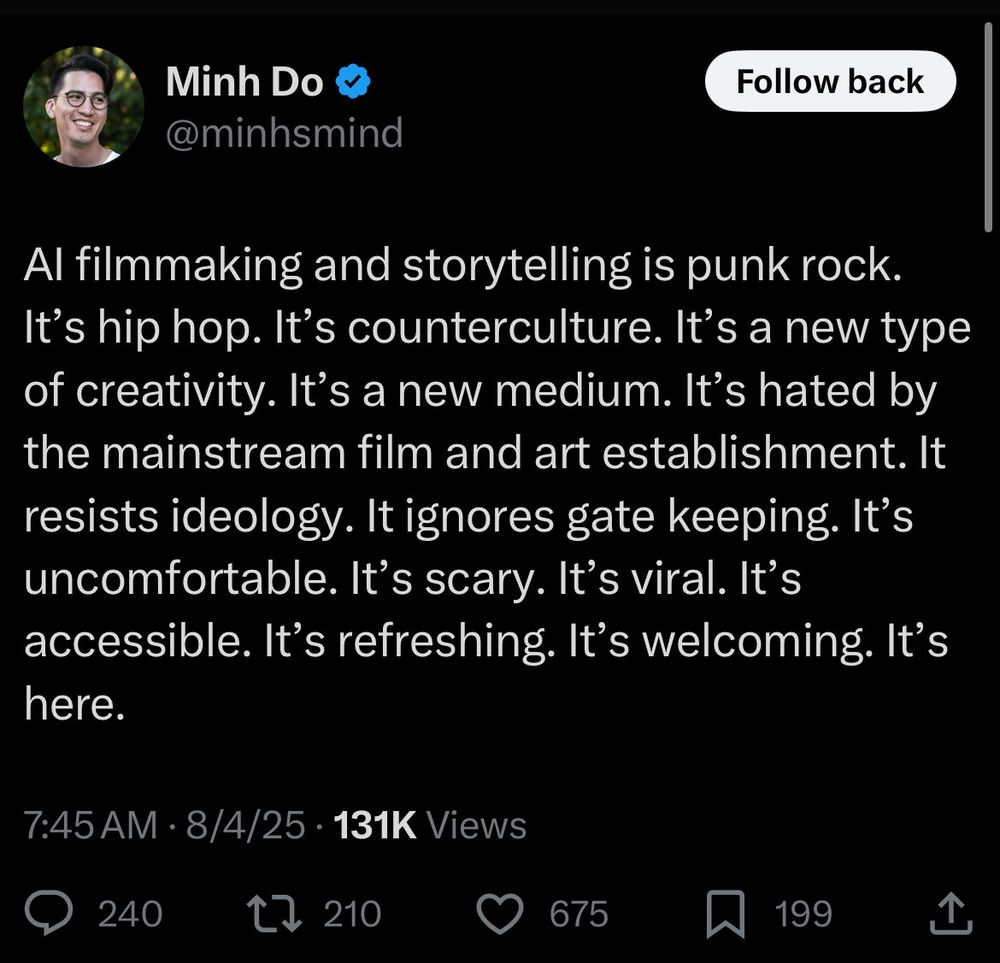 A nerd saying that AI-based, environment-killing, art-stealing and creatively bankrupt filmmaking and storytelling is “punk rock” (it isn’t).