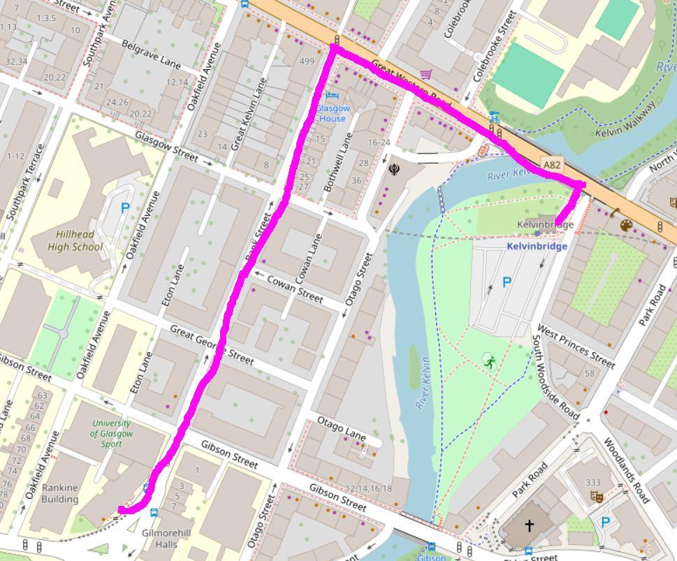 a map showing the route from Kelvinbridge subway to the Glasgow University Union