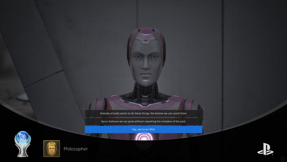 Platinum screenshot shows a conversation with a purple robot. Highlighted option reads "Yes, you're an idiot". Trophy name is Philosopher.