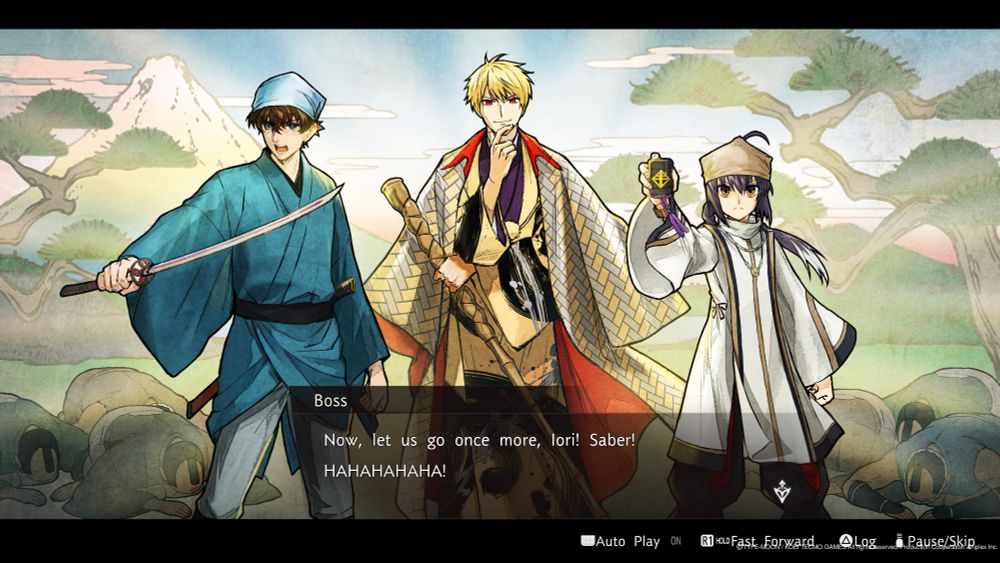 Gilgamesh the merchant, ordering his new vassals Iori and Saber. The image is reminiscent of an old Japanese artstyle (ukiyo-e?)