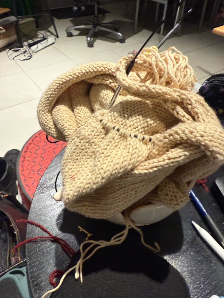 My Fairy Chasm top screwed up into the top of my knitting bowl. It’s a lovely neutral off white/cream colour in cotton 8ply 