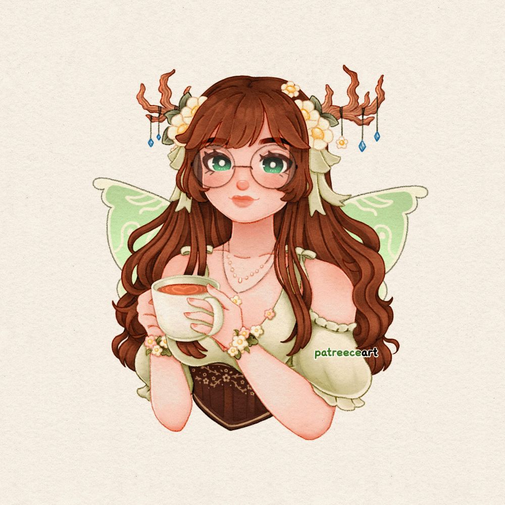an illustration of the lovely mori (mori fae) drawn digitally by patreece art. the image depicts a fairy opening and shutting their mouth as if talking. the fairy has light peachy skin, teal-green eyes and warm peach lips. she wears round rimmed glasses, and a green dress with a cold shoulder that hangs in frills, the top tied in a bow on each shoulder, with a deep brown corset belt. she has two flowery bracelets on, and two golden necklaces, one with small beads and the other with a white flower. she has long mid chestnut brown curls with a fringe/bangs, and two antlers poking out the top of her head, each of them decorated with small blue gems that hang from strings. there are flowers at the base of the antlers, and green bows that both tie into the rest of the outfit. she is holding a small tea cup, filled with a warm beverage. her cheeks are tickled with a blush, and she looks happy!