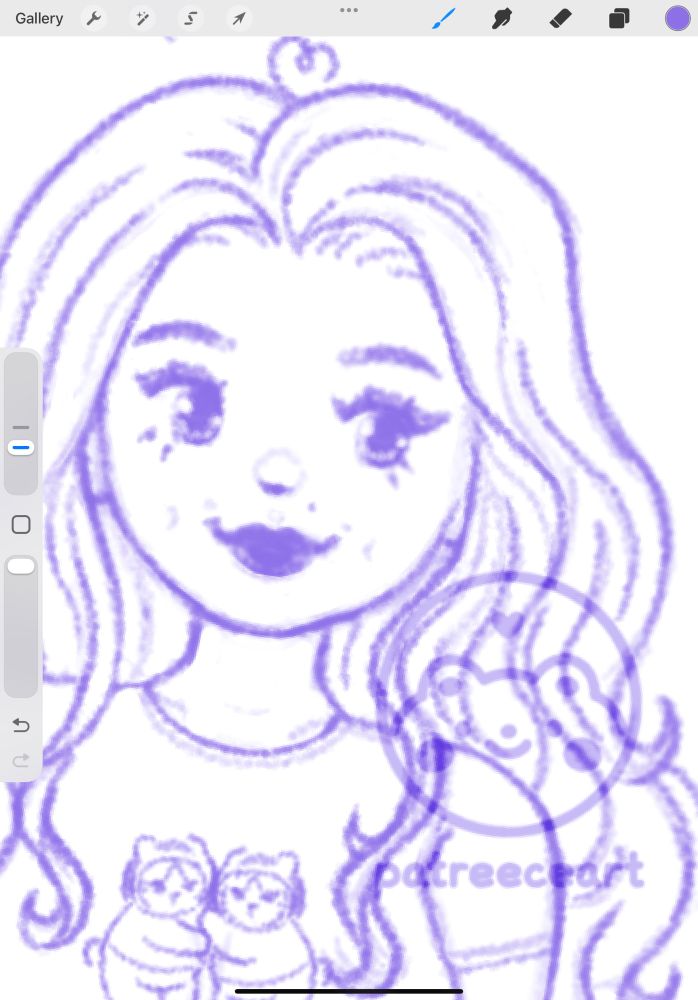 Screenshot of a work in progress drawn digitally by patreece art. The screenshot shows a sketch in purple ink, featuring a girl (the artist herself) looking off to the right (her left). She is smiling, has long thick waves in her hair, and is wearing a t-shirt with two cats dressed as bears. They are hugging. The artist hopes to finish this self-portrait, along with the rest of the illustration, in time. 