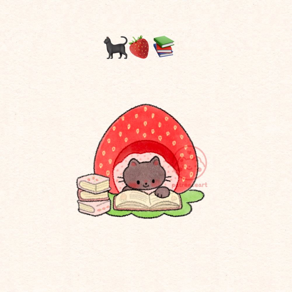 digital illustration drawn by patreece art. black cat with red blushed cheeks under a pink spotted blanket inside a large red strawberry cat bed. there is a green leaf mat beneath them. they are reading a thick dense book with a smile and beside them sits a stack of strawberry themed books. 