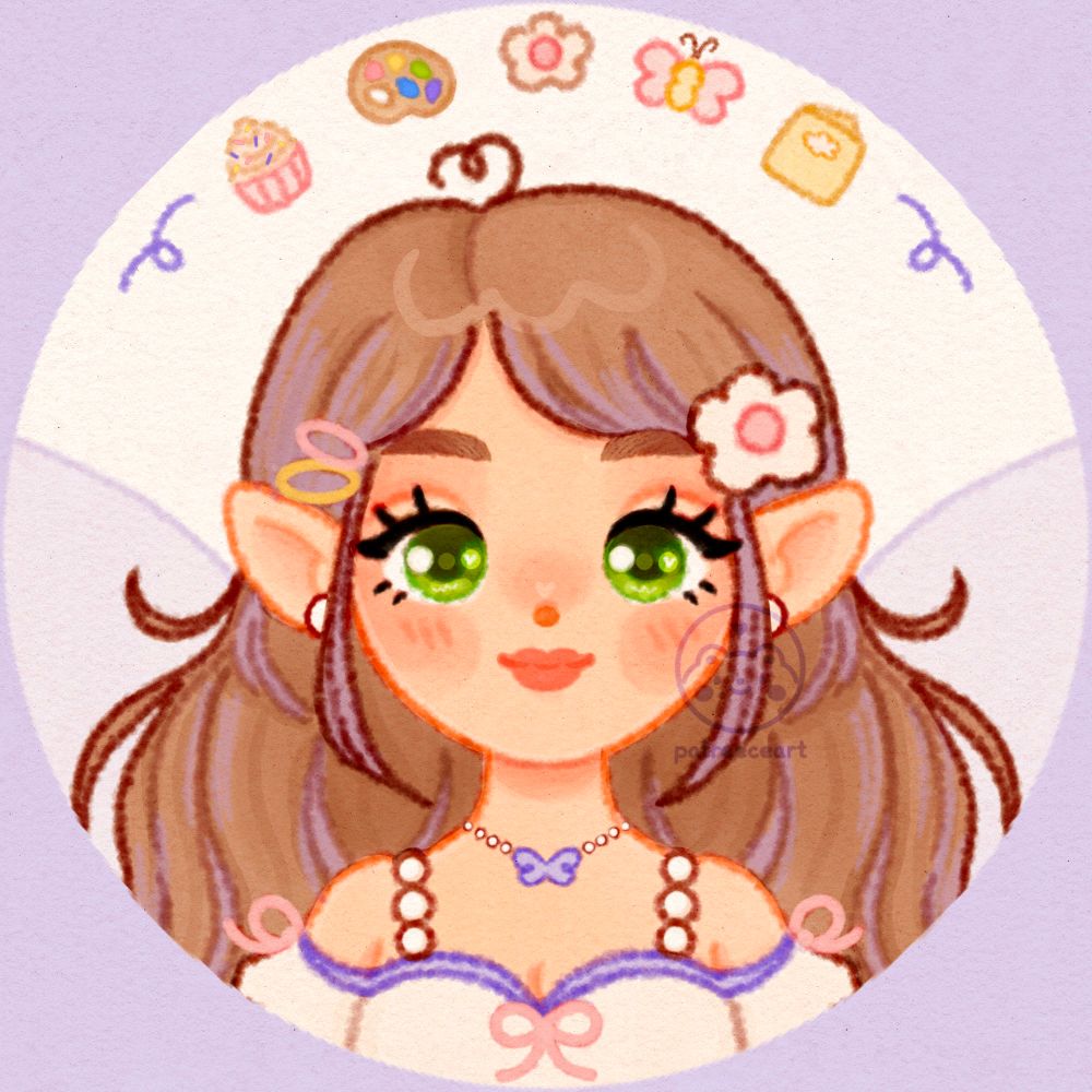 icon portrait illustration drawn digitally by patreece art. the image depicts a fairy staring at the viewer, her bold green eyes sparkling, her dark lashes fanning outward. she has warm peachy skin with blushed cheeks and nose, and her lips are a deeper peachy pink, stretched into a smile. her pointed ears with pearly earrings poke out from her mid mousy brown hair, long with purple streaks. there is a heart shaped flyaway in the centre of her head. her fringe is pulled back with hair clips, yellow and pink, and a creamy white flower with pink centre. she has a Pearl necklace with a purple butterfly in the middle, and a cream dress with puff sleeves hanging off her shoulders, held up with Pearl straps and decorated with purple piping and pink bows. above her head there are various objects, from left to right: a cupcake, a painter’s palette, a creamy white flower with pink centre, a pink butterfly with yellow body, a yellow writing book with white cloud name tag. there are squiggles either side of the icons, in a pretty purple tone. 