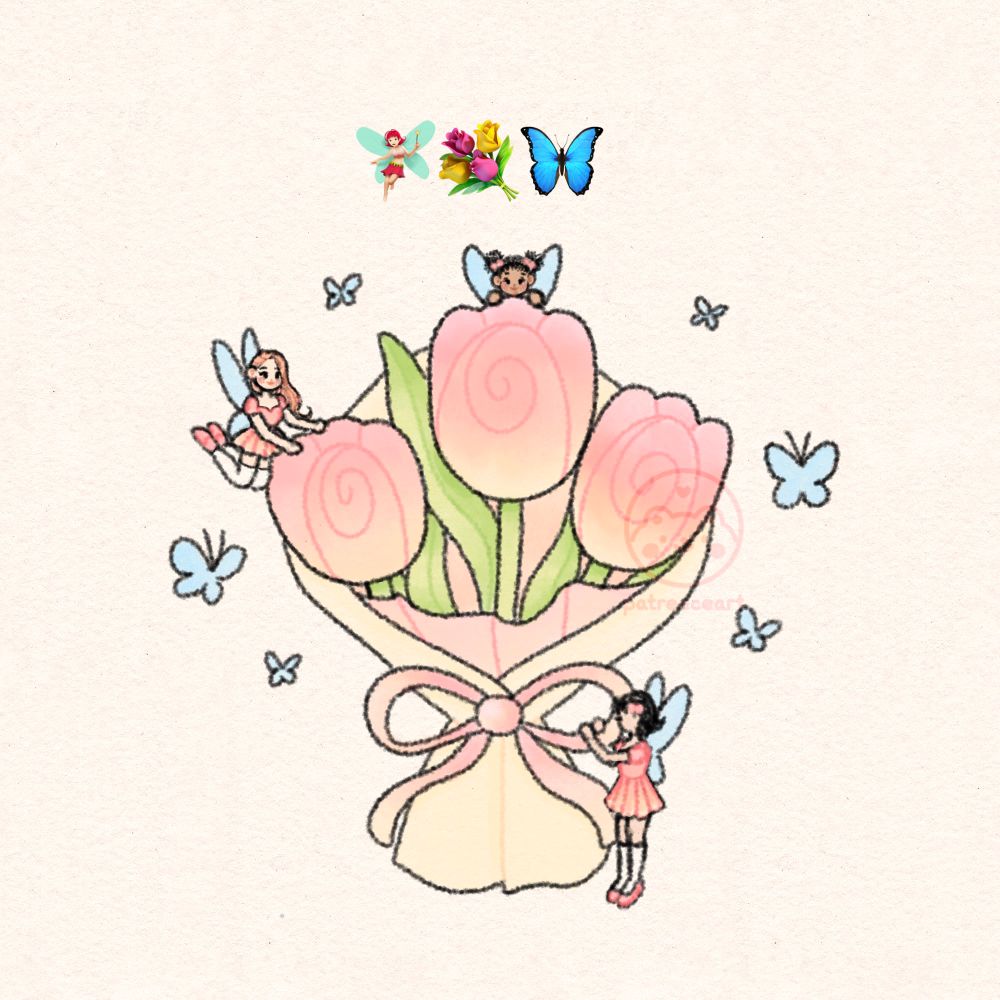 doodle drawn digitally by patreece art. three small fairies surround a bouquet of pink tulips that fade into a soft buttery yellow. they are wrapped in pink paper, which is wrapped in yellow paper. the entire bouquet is tied together with a pink bow, tied carefully by one of the fairies. together they adjust the bouquet to get everything perfectly pretty! there are small baby blue butterflies accompanying them, floating happily by as they prepare their gift. drawn as part of my birthday doodle commissions held annually every May.