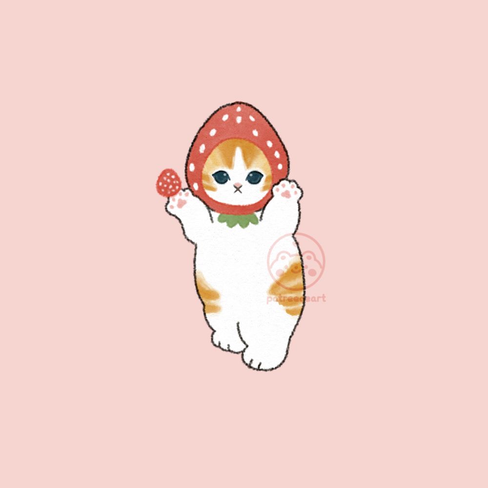 ginger and white cat dancing. they have a strawberry hood on their head and a small strawberry in their hand. fan art of mofusand by patreece art