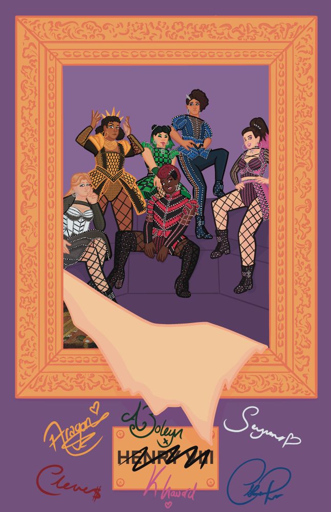 a drawing of six women posing for a royal portrait. the portrait is framed