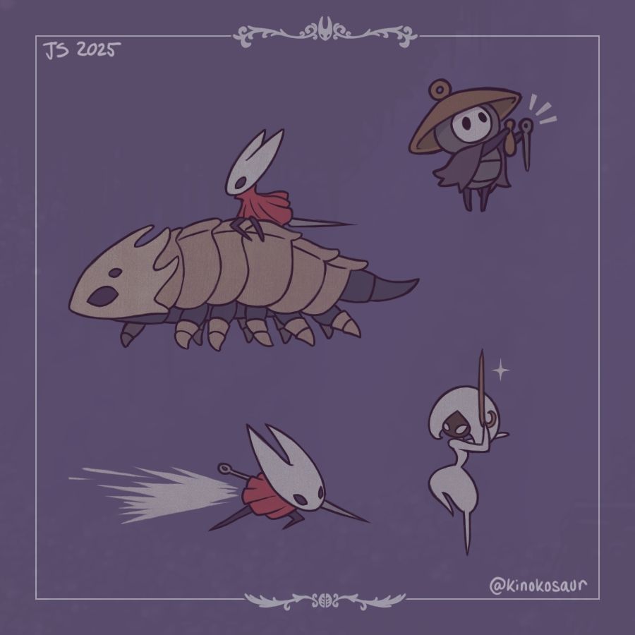 A digital piece featuring various drawings of Hollow Knight: Silksong on a purple background.
Hornet rides on the Bell Beast. Sherma strikes his bell chime. Hornet faces off against Lace in battle.