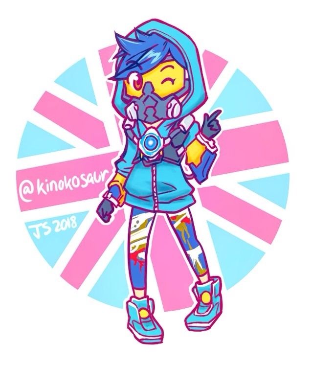 A digital chibi drawing of Tracer from Overwatch in her graffiti outfit, with blue hair, bright blue hoodie, bright blue sneakers, and blue leggings with a paint splatter texture on them. She stands winking and pointing with her feet turned inwards, leaning her weight to one side. Behind her is a circle with a British Union Jack flag on it in pastel colors.