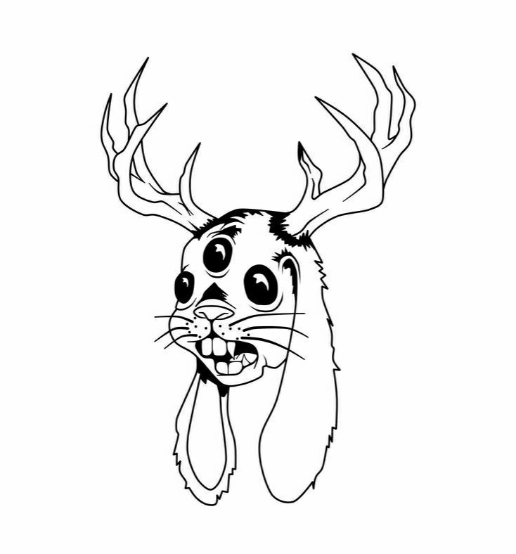 Desenho de coelho de três olhos com orelhas caídas e chifres de alce