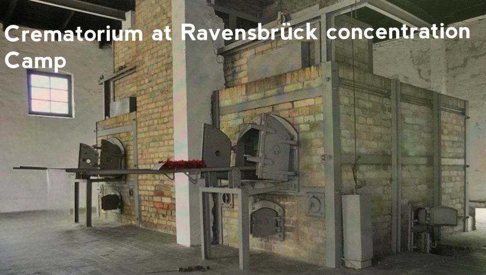 Crematorium at Ravensbrück concentration camp, brick ovens with doors open.
