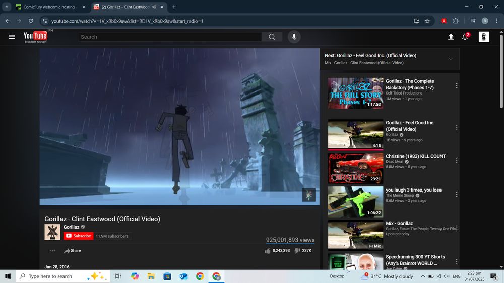 Murdoc running away in a graveyard-esque scene from the music video Clint Eastwood by Gorillaz (also theres a comicfury tab on the right corner lol)