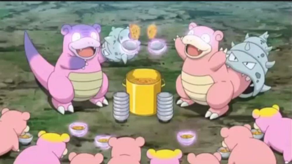 a group of pokemon are gathered around a yellow pot