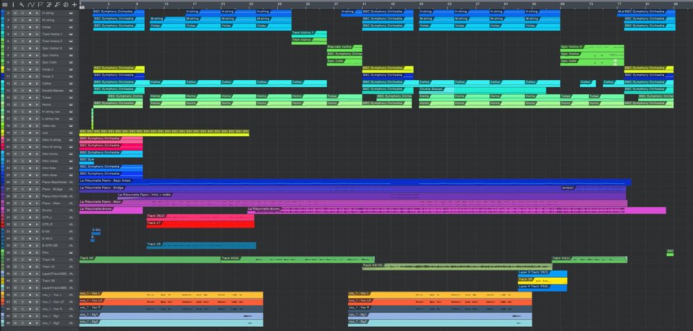 Screenshot of 46 tracks in a Digital Audio Workstation with different colours and labels