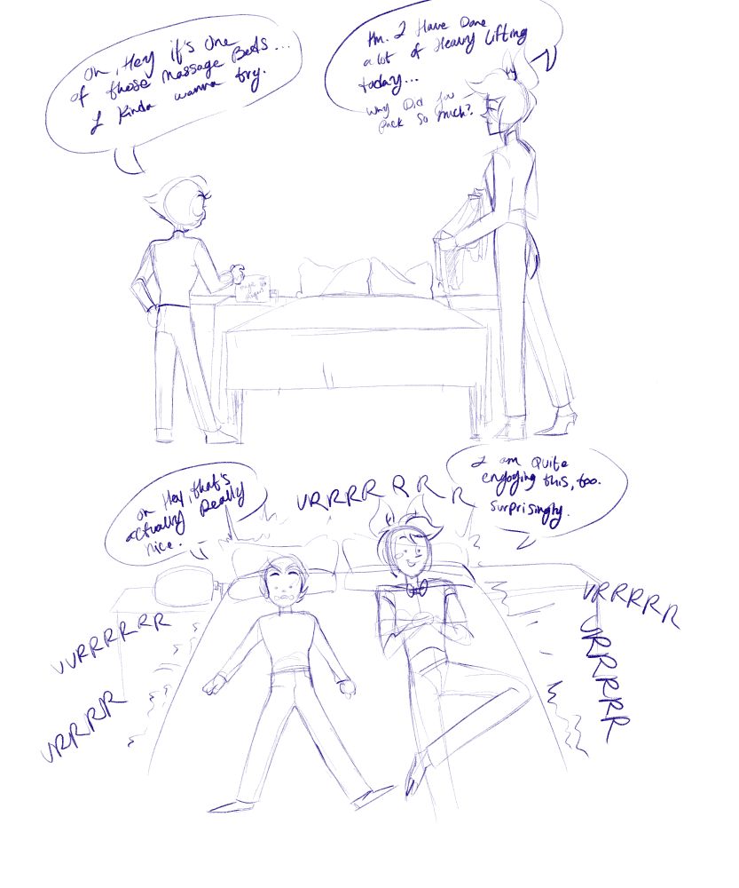 Lucifer says "oh hey it's one of those massage beds...I kinda wanna try" alastor replies "hm. I have done a lot of heavy lifting today...why DID you pack so much?"
Second panel lucifer says "oh hey, that's actually really nice." Alastor replies with " I am quite enjoying this too, surprisingly " as the bed vibrates the two.