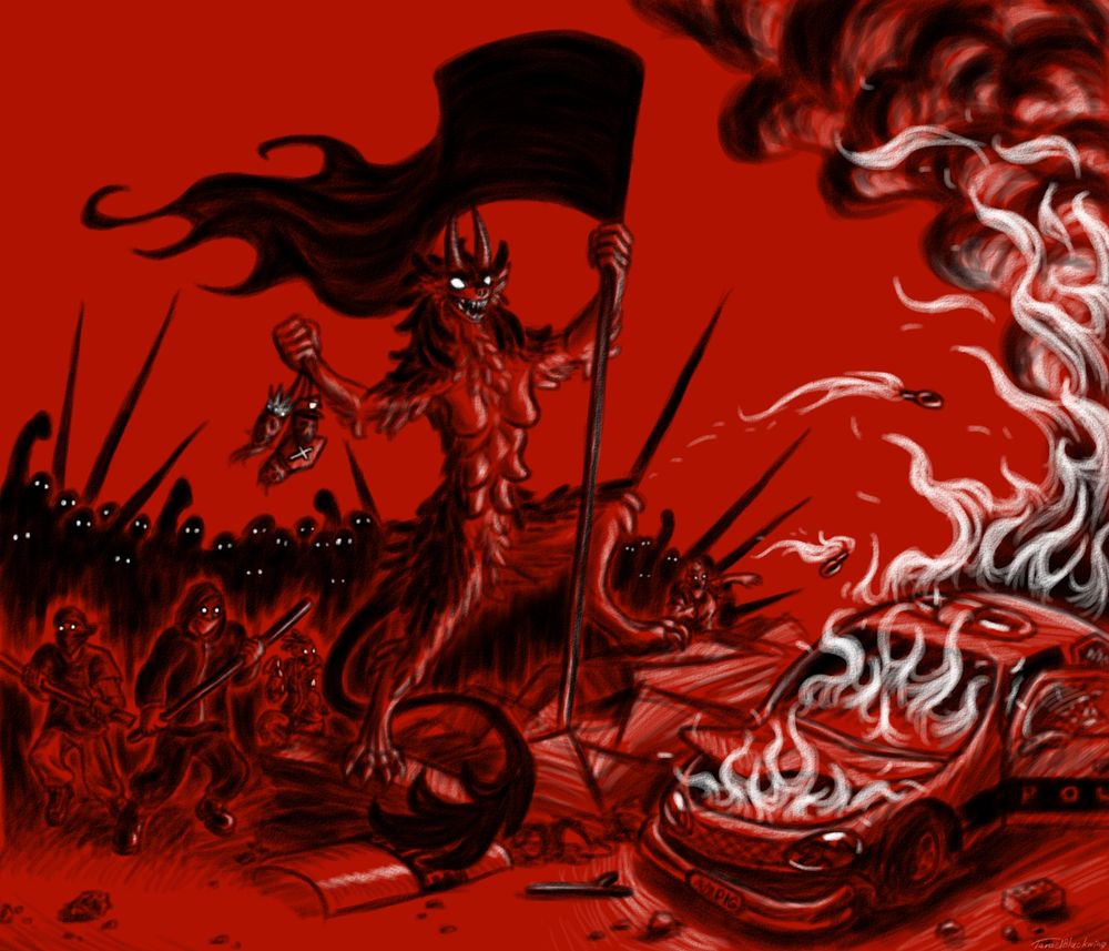 A digital artwork depicting a crowd of people armed with Molotov cocktails, large sticks, metal pipes and long pikes charging forward. Leading the charge is a large demonic anthropomorphic beast holding a black flag in one hand and three severed head in the other: one wearing a crown, another wearing a police cap, and the third wearing a bishop's crown. There is a discarded police baton and riot shield on the ground and on the left side of the image, there is a smashed and burning police car.