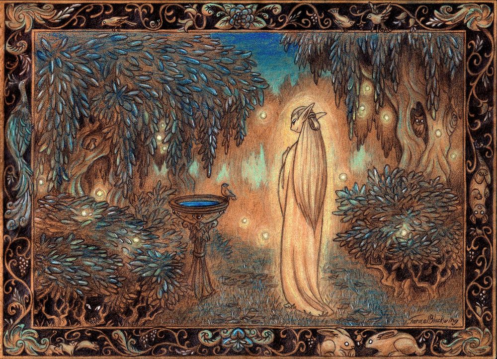 A traditional drawing made on brown paper with regular pencils, pastel and white pencil. It depicts a tranquil grove in the late evening. An etherial, glowing elf is looking at a bird perched on the rim of a stone bowl filled with water. In the air around them, there are what looks like fireflies. In a tree hollow to the right, there is an owl. On a tree branch on the left, there is a singing bird. Under the shrub in the bottom left, there are eyes gleaming from the shadow, and a clawed paw is resting on a branch. The image is framed with a decorative floral frame, featuring a few more birds, including a peacock, a group of three mice, a pair of rabbits, an opossum, and a less noticeable snail.