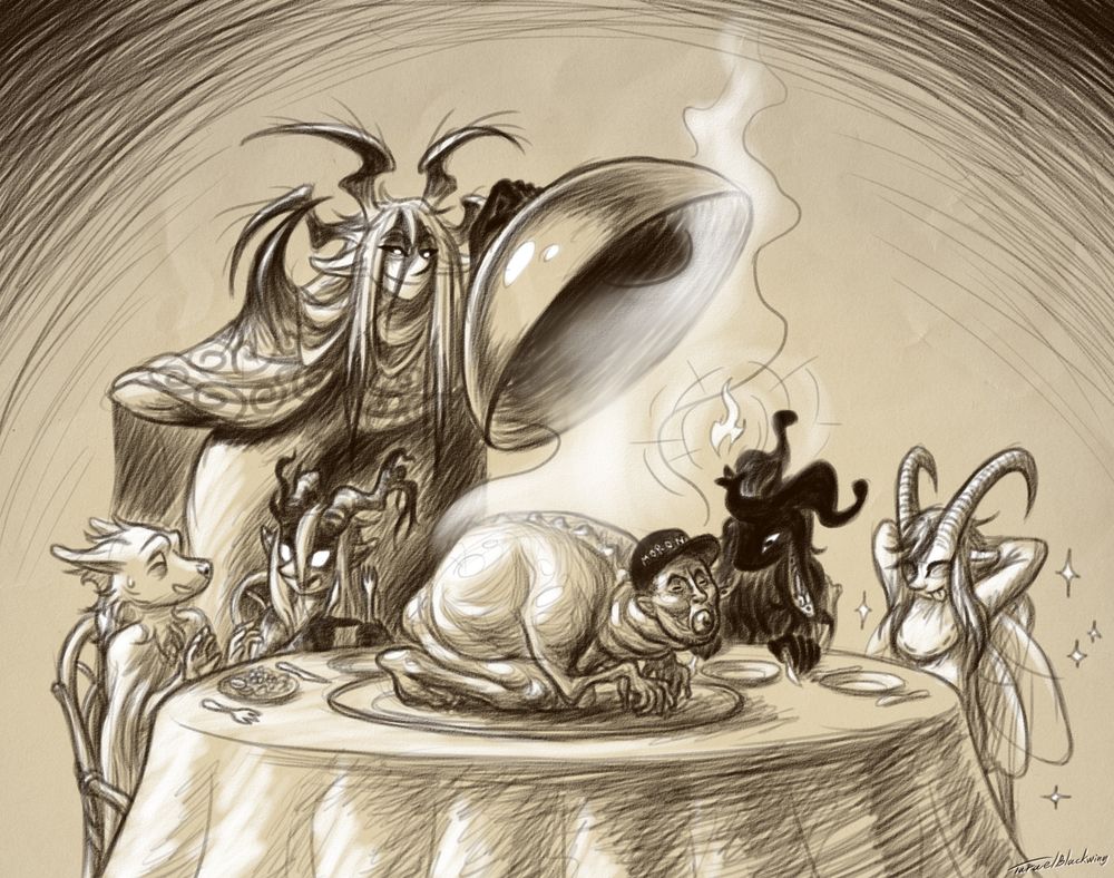 A digital sepia drawing of four fairies at a dinner table and one taller fairy lifting the cover from a large plate on the table. On the plate is a roasted human (or perhaps muskrat?) body wearing a black hat with a caption "moron" on it and an apple in his mouth.
From Left to right we have: 
Vilka the wolf-headed fairy;
Berest the birch-like fairy/leshy with branch horns;
Wormwood the rot fairy with antennae that resemble insect legs;
Tsapraka the shapeshifting goat-like creature with a flame above his head;
Unnamed horned fairy with membranous insect wings.

Vilka on the left doesn't seem eager to eat it the muskrat and prefers to just stick to the salad on their plate.