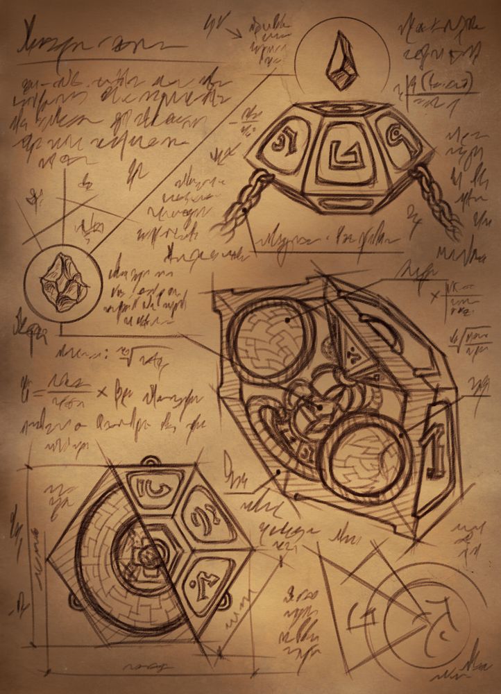A digital artwork representing a handdrawn schematic on brown sheet of paper. The schematic depicts a modified version of arcane vault from Warcraft universe. It is hexagonal in shape, with three hoops on the sides for anchor chains. The top sides of the contraption are carved with large runes, and above it floats a crystal. A second crystal is placed inside of the vault, held in place by various mechanical parts. Encircling the inner crystal, there is a hollow toroid chamber, the inner side of which is covered with a labyrinth-like pattern. The sheet is also covered with squiggles representing writing, mathematical equations and arcane diagrams.