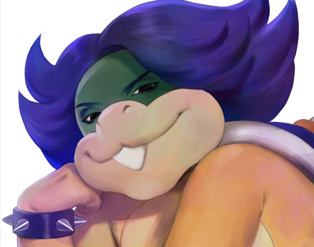 Art of Ludwig von Koopa. He has his chin resting on his knuckles and is looking at the viewer with a smug expression.