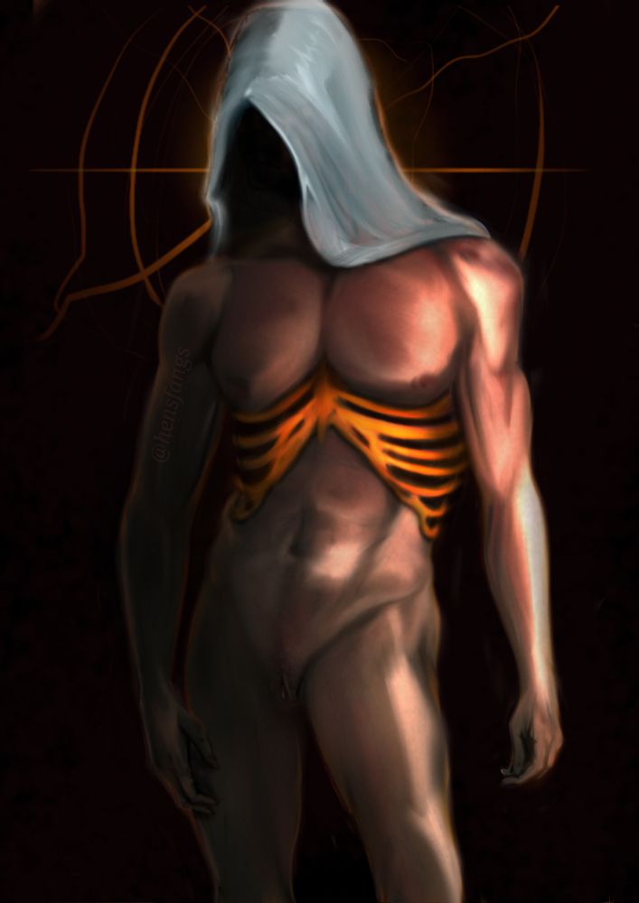 A painting of a nude transgender man whose face is concealed by a white hood. His ribcage is exposed, and his bones are gold.