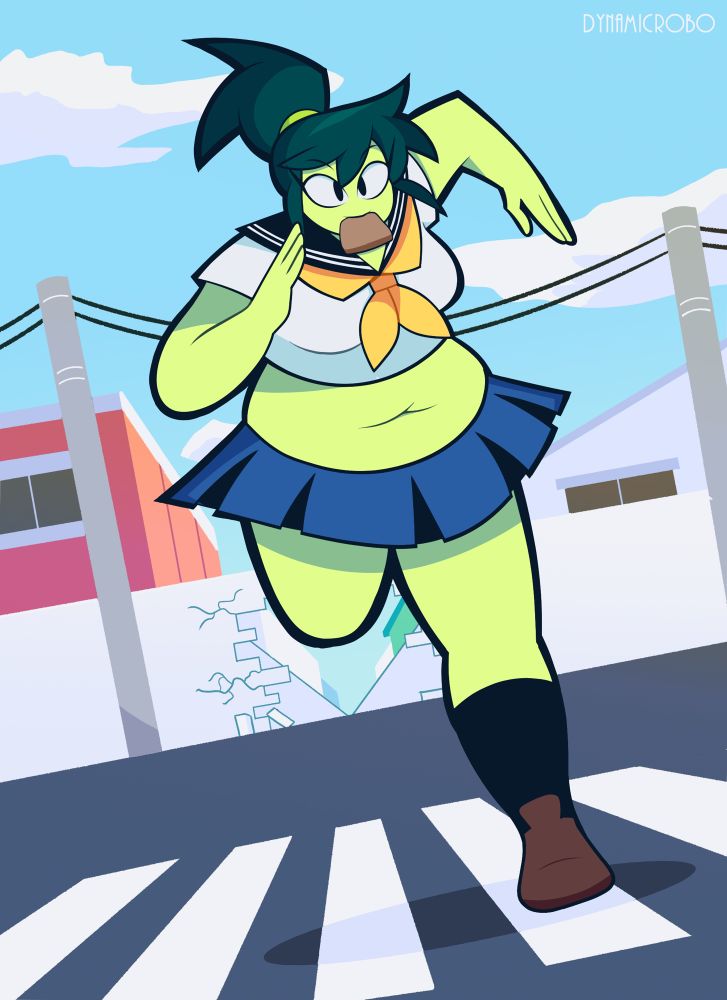 green girl running through a wall with toast in her mouth anime girl style