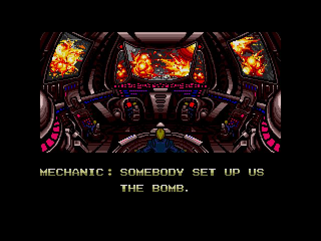 Screenshot from the badly translated video game "Zero Wing" saying in broken English: "Someone set up us the bomb"