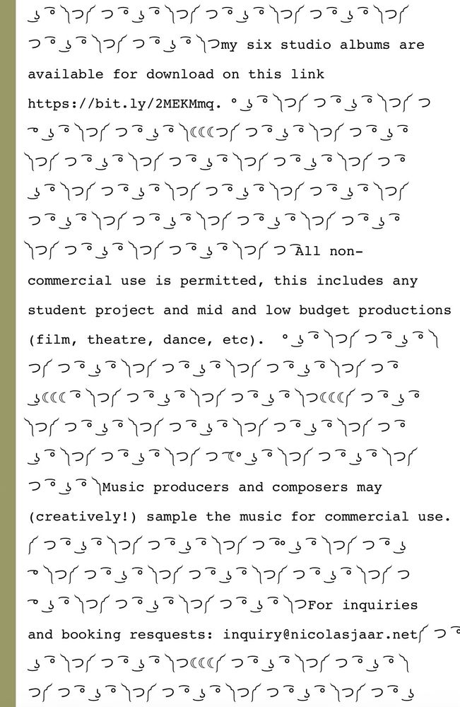 screenshot von nicolasjaar.net, alle seine musik kann gratis runtergeladen werden, darf für nichtkommerzielle und kleine künstlerische produktionen verwendet werden und von musiker*innen auf kreative weise gesampled werden (auch kommerziell)
