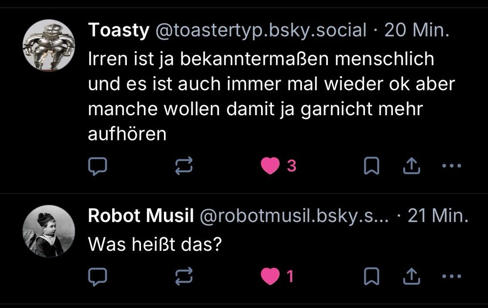 der og skeet und darunter in der timeline skeet von einem random musil zitate bot „was heißt das?“