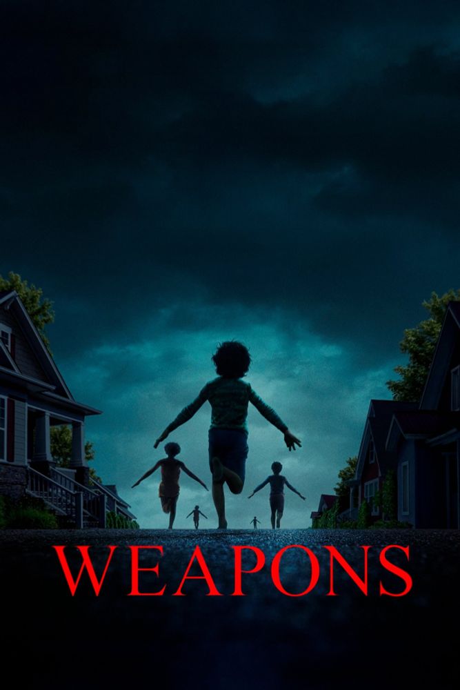 Weapons (2025) poster, silhouette of children running with their arms in a downward V.