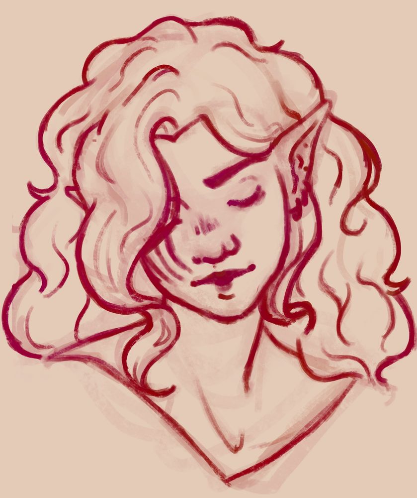 A sketch of an elven woman with curly/wavy hair looking down.