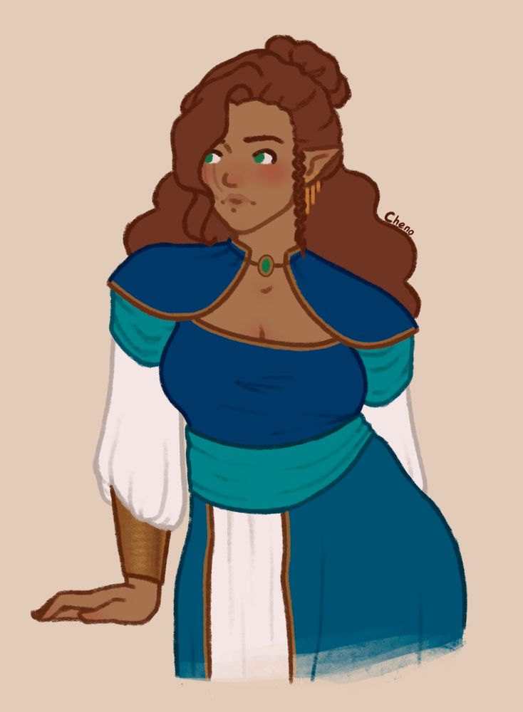 A thigh-up drawing of an elven woman looking away from the viewer. She's wearing a fancy blue outfit with teal, bronze, and white accents. Her hand seems to be resting on a surface the artist couldn't be bothered to draw cause, like, they didn't feel like it.
