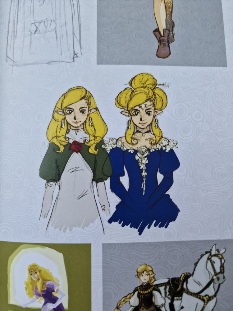 Two concept sketches of Princess Zelda in vaguely historically inspired clothes.