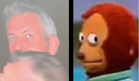 "The Canoodling Coldplay CEO"  Andy Byron a greying white man (l) gives biiiig "side eye puppet meme" (r) a muppety style brown haired animal energy.