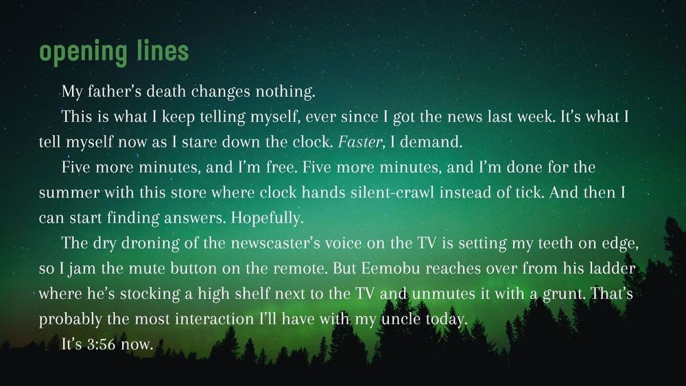 Opening lines:
My father’s death changes nothing.
This is what I keep telling myself, ever since I got the news last week. It’s what I tell myself now as I stare down the clock. Faster, I demand.
Five more minutes, and I’m free. Five more minutes, and I’m done for the summer with this store where clock hands silent-crawl instead of tick. Then, I can start finding answers. Hopefully.
The dry droning of the newscaster’s voice on the TV is setting my teeth on edge, so I jam the mute button on the remote. But Eemobu reaches over from his ladder where he’s stocking a high shelf next to the TV and unmutes it with a grunt. That’s probably the most interaction I’ll have with my uncle today.
It’s 3:56 now.