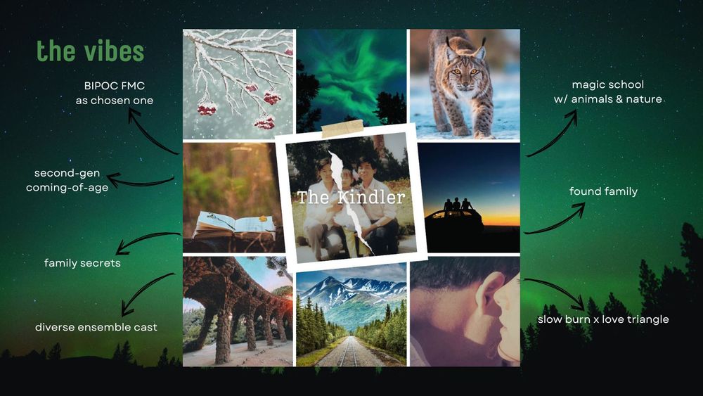 The vibes: BIPOC FMC as chosen one, second-gen coming-of-age, family secrets, diverse ensemble cast, magic school w/ animals & nature, found family, slow burn x love triangle. (Photos of snow-covered rowan berries, an aurora, a lynx, an open book, a torn family photo, three friends watching the sunset, a stone passageway, Alaskan landscape, a whispered secret)