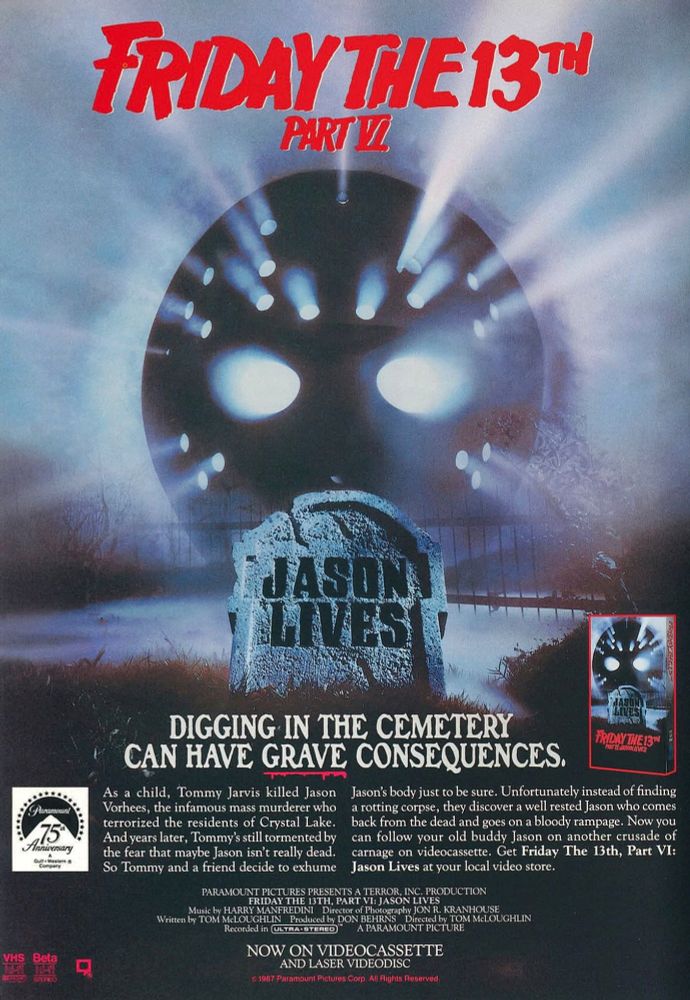 Advertisement for the home video release of Friday the 13th Part VI: Jason Lives #Fridaythe13th #filmsky #horror #vhs 