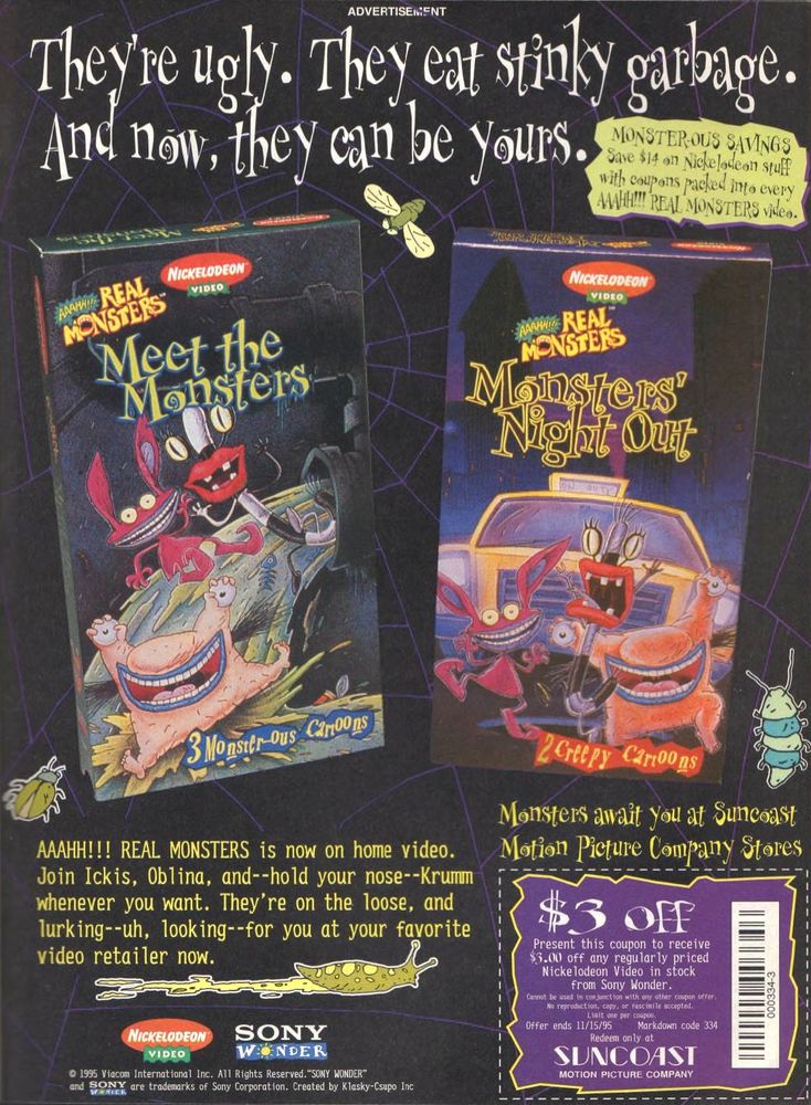 Advertisement for Aaahh!!! Real Monsters VHS released by Nickelodeon in 1995 #cartoons #Nickelodeon 