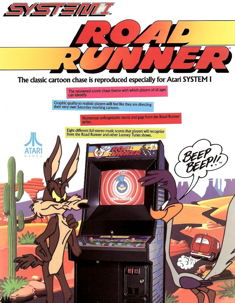 Advertisement for Road Runner arcade cabinet featuring Wile E. Coyote and Road Runner from Looney Tunes #videogames #arcade #looneytunes 