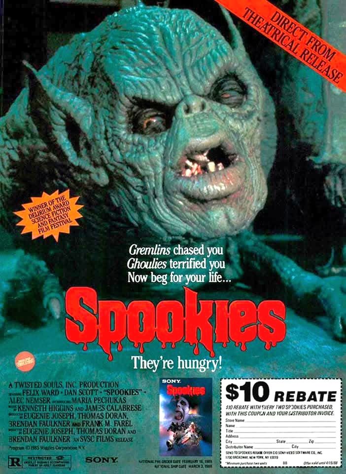 Advertisement for a mail in rebate when purchasing Spookies on home video #filmsky #horror #horrormovies 