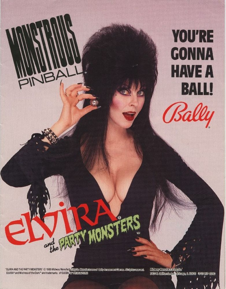 An advertisement for the pinball machine Elvira and the Party Monsters. The advertisement features Elvira holding a silver pinball 