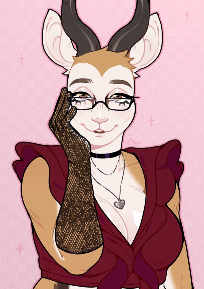 A close-up headshot of my springbok fursona Catherine. She’s wearing burgundy top with frilly flaps and bits of fabric dangling from the front. Long lace gloves cover her hands and forearms. A necklace with a gray, metallic heart rests between her cleavage. She smiles and rests her hand against her cheek.